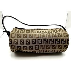 Vintage Fendi Zucca Barrel Bag Brown Monogram Canvas Leather Strap Authentic
